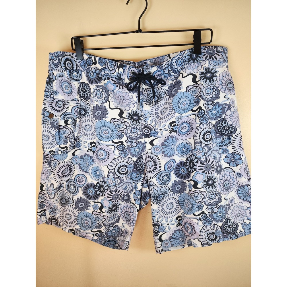 Michael Kors Swim Trunks Men XL Blue Floral Paisley Side Snap Pocket LinedShorts
